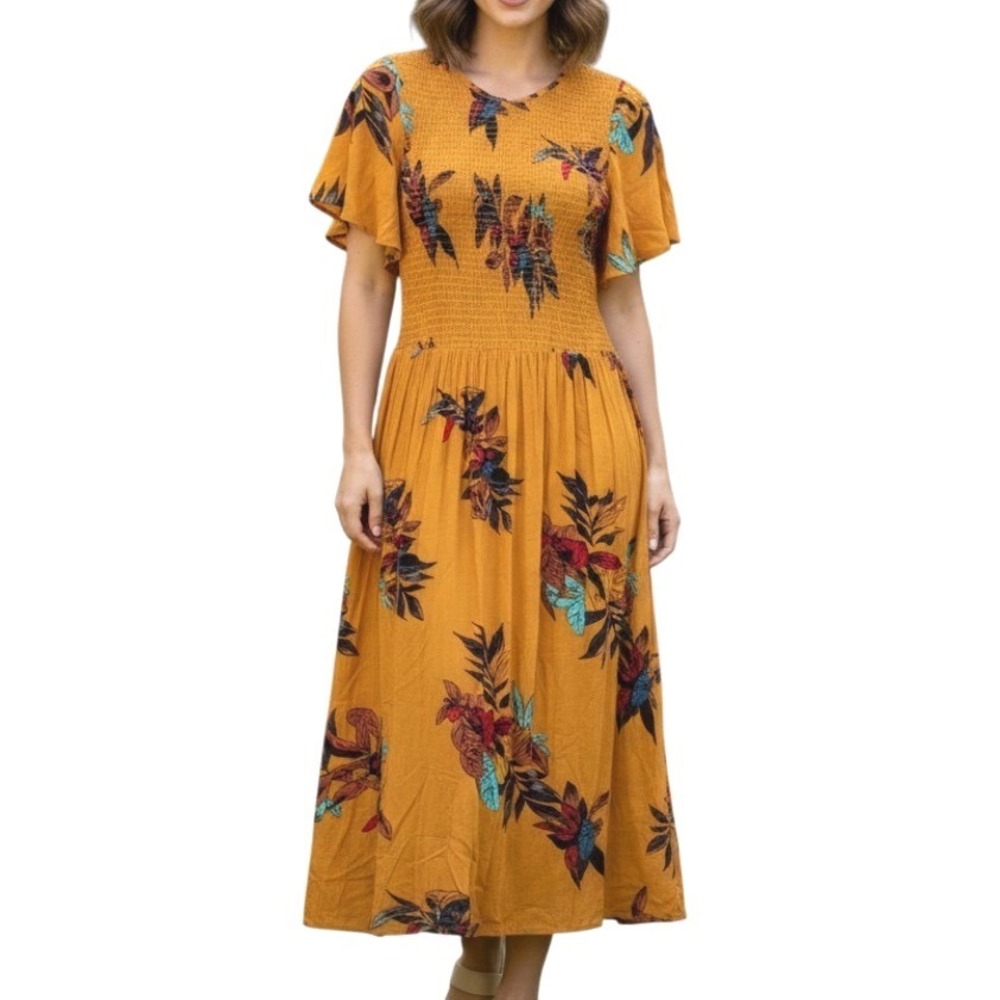 ROOLEE Mustard FLORAL Challis SMOCKED BODICE Flutter Sleeve MIDI A-Line Dress XS
